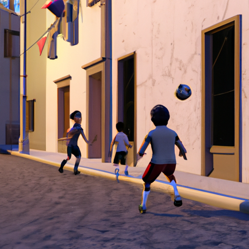 Un render de niños y niñas jugando fútbol en la calle