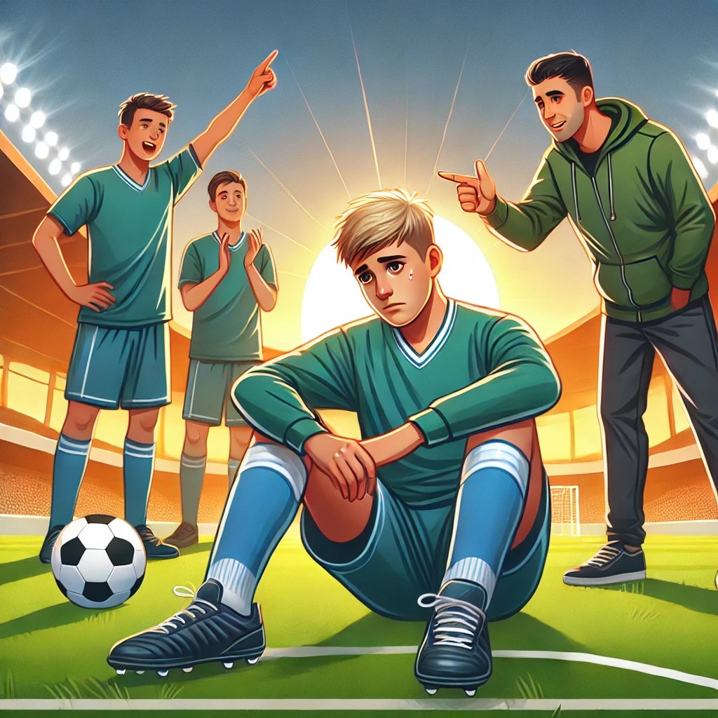 Niño en el banquillo gestionando la frustración en el fútbol base