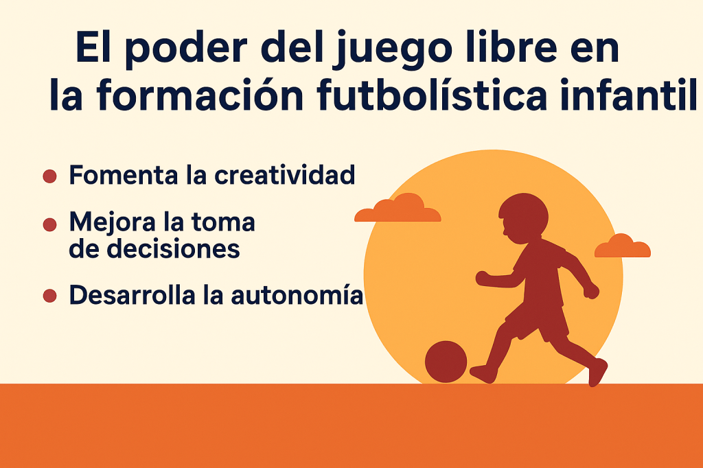 Gráfico ilustrado con el título 'El poder del juego libre en la formación futbolística infantil'. A la izquierda, tres puntos destacan beneficios clave: fomentar la creatividad, mejorar la toma de decisiones y desarrollar la autonomía. A la derecha, una silueta de un niño jugando al fútbol frente a un sol naranja al atardecer