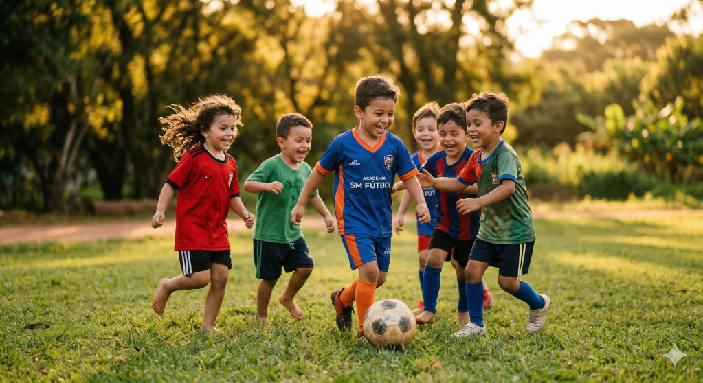 Niños jugando al fútbol en un campo de hierba durante un entrenamiento de fútbol base en Las Palmas de Gran Canaria